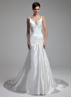 A-Line/Princess V-neck Chapel Train Charmeuse Wedding Dress With Ruffle Lace Beadwork (002000434)