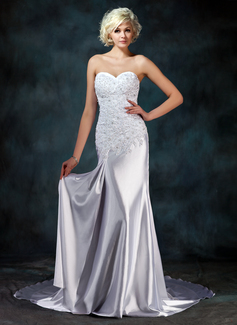 Sheath/Column Sweetheart Watteau Train Charmeuse Wedding Dress With Lace Beadwork (002000157)