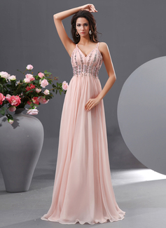 A-Line/Princess V-neck Floor-Length Chiffon Prom Dress With Ruffle Beading Sequins (018022729)
