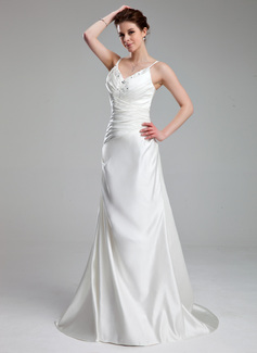 Sheath/Column V-neck Court Train Satin Wedding Dress With Ruffle Lace Beadwork (002011714)