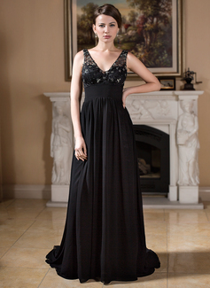 A-Lijn/Prinses V-nek Lange Sleep Chiffon Tule Moeder van de Bruid Jurk met Roes Beading (008024532)