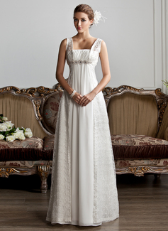 A-Line/Princess Square Neckline Sweep Train Chiffon Lace Wedding Dress With Ruffle Beadwork (002013801)
