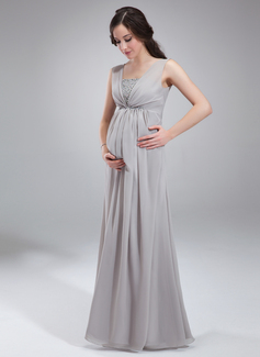 Empire Square Neckline Floor-Length Chiffon Maternity Bridesmaid Dress With Ruffle Beading (045004412)