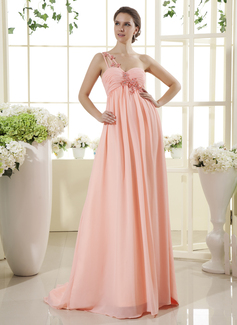 Empire One-Shoulder Sweep Train Chiffon Maternity Bridesmaid Dress With Ruffle Lace Beading (045022469)