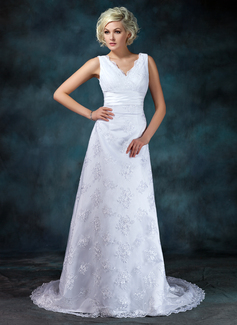 Empire V-neck Court Train Satin Lace Wedding Dress With Ruffle Beadwork (002000314)