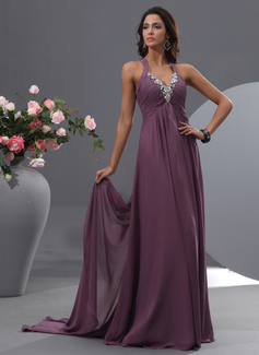 A-Linie/Princess-Linie V-Ausschnitt Watteau Schleppe Chiffon Abendkleid mit Rüschen Perlen verziert (017022755)