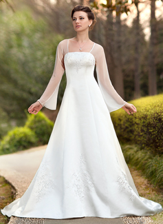 A-Line/Princess Square Neckline Chapel Train Chiffon Satin Wedding Dress With Embroidery (002011989)