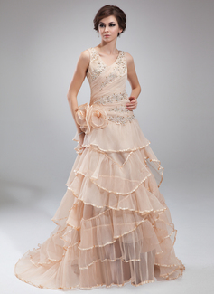 A-Line/Princess V-neck Sweep Train Organza Prom Dress With Ruffle Lace Beading Flower(s) (018018803)