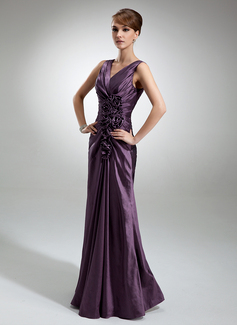 Sheath V-neck Floor-Length Taffeta Mother of the Bride Dress With Ruffle Flower(s) (008006196)