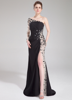 Sheath One-Shoulder Sweep Train Chiffon Tulle Prom Dress With Ruffle Beading (018019001)
