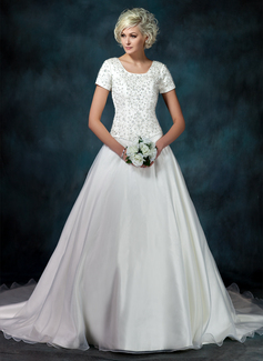 Ball-Gown Square Neckline Chapel Train Organza Satin Wedding Dress With Embroidery Beadwork Sequins (002000540)