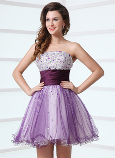 Vestidos princesa/ Formato A Sem alça Curto/ Mini Cetim Tule Vestido de cocktail com Pregueado Bordado (016017309)