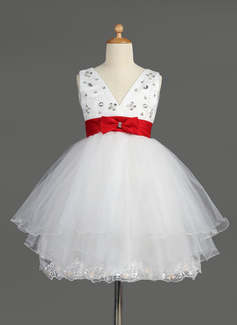 Impero Scollatura a V Al ginocchio Raso Tulle Abito cerimonia bambini con pizzo Sash Perline A paillette (010014601)