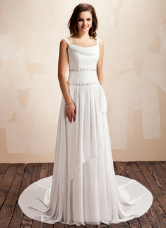 A-Line/Princess Cowl Neck Court Train Chiffon Wedding Dress With Ruffle Beadwork (002011559)