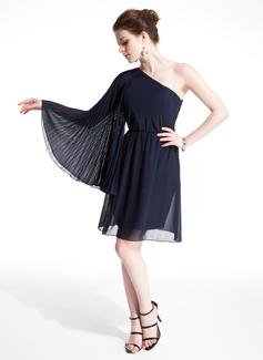 Sheath One-Shoulder Knee-Length Chiffon Cocktail Dress With Ruffle (016021170)