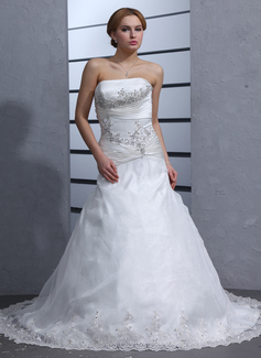 A-Line/Princess Strapless Chapel Train Organza Satin Wedding Dress With Ruffle Lace Beadwork (002000318)