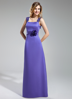 Sheath Square Neckline Floor-Length Satin Lace Bridesmaid Dress With Flower(s) (007019641)