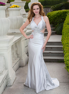 Vestidos princesa/ Formato A Decote V Cauda vassoura Charmeuse Vestido de baile com Beading (018024668)