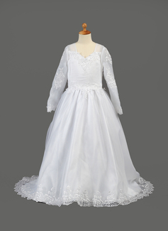 A-Line/Principessa Scollatura a V Coda a strascico corto Organza Abito cerimonia bambini con Ricamato (010005886)