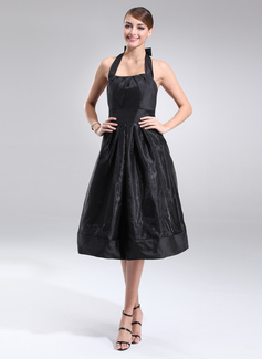 A-Line/Princess Halter Tea-Length Taffeta Organza Bridesmaid Dress With Ruffle (022021137)