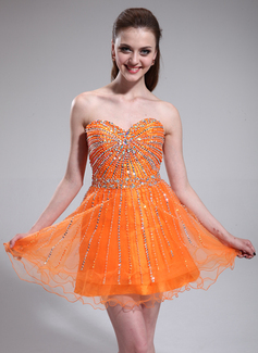 A-Line/Princess Sweetheart Short/Mini Taffeta Tulle Homecoming Dress With Beading Sequins (022025383)