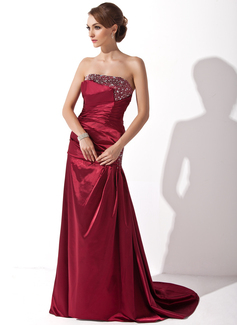 A-Line/Princess Strapless Sweep Train Charmeuse Mother of the Bride Dress With Ruffle Beading (017025998)