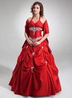 Ball-Gown V-neck Floor-Length Taffeta Quinceanera Dress With Ruffle Lace Beading Sequins (021004554)