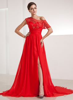 Vestidos princesa/ Formato A Sem o ombro Cauda capela Chiffon Vestido de festa com Pregueado laço (017014210)