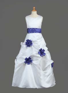 A-Line/Princess Scoop Neck Floor-Length Satin Flower Girl Dress With Sash Beading Flower(s) Sequins (010002149)