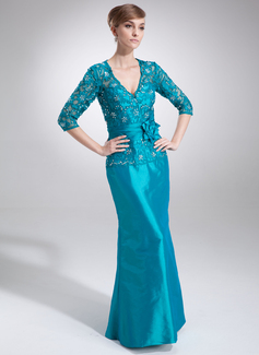 Sheath V-neck Floor-Length Taffeta Mother of the Bride Dress With Lace Beading Flower(s) (008006005)