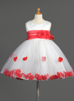 Keizer Ronde Hals Knielengte Satin Tule Bloemenmeisjes Jurk met Roes Sash Bloem(En) (010014603)