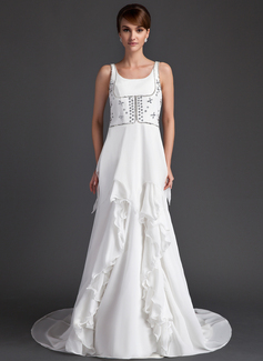 A-Line/Princess Scoop Neck Court Train Chiffon Wedding Dress With Beadwork (008015959)