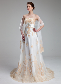 Empire-Linie Herzausschnitt Hof-Schleppe Satin Tüll Brautkleid mit Spitzen Kristalle Blumen Brosche (002011662)
