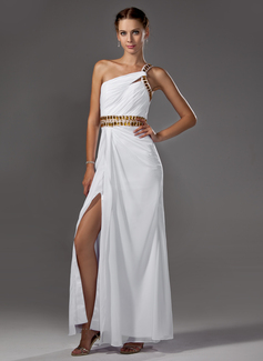A-linjeformat One-Shoulder Golvlång Chiffon Balklänning med Rufsar Pärlbrodering (018002453)