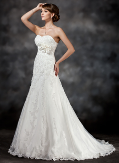 A-Line/Principessa A cuore Coda a strascico corto raso Tulle Abito per matrimonio con Pizzo Fiori Paillettes (002017416)