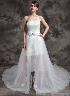 A-formet/Prinsesse En skuldret/asymmetrisk Asymmetrisk sateng Tulle Brudekjole med Perlebesydd Paljetter (002024076)