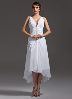 A-Line/Principessa Scollatura a V Asimmetrico Chiffon Abiti per matrimonio con Increspature Perline (002004593)
