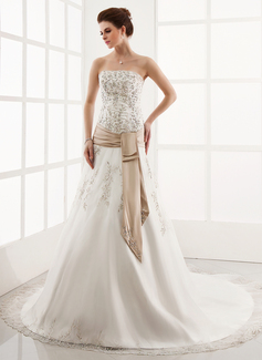 A-Line/Principessa Senza spalline Coda a strascico cappella raso Tulle Abito per matrimonio con Ricamo pizzi Fusciacche (002000303)