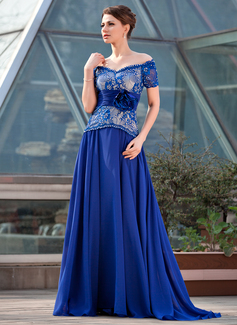 A-Line/Princess Off-the-Shoulder Sweep Train Chiffon Charmeuse Lace Mother of the Bride Dress With Ruffle Beading Flower(s) Sequins (008018956)