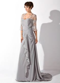 A-Line/Princess Sweetheart Court Train Chiffon Mother of the Bride Dress With Lace Beading (008006149)