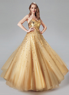 A-Line/Princess Sweetheart Floor-Length Tulle Prom Dresses With Beading (018004807)