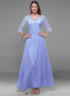 Vestidos princesa/ Formato A Decote V Na altura do tornozelo Chiffon Vestido de Férias com renda Bordado (020013056)