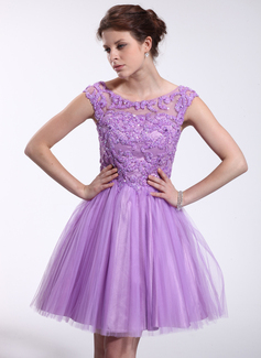 A-Line/Princess Off-the-Shoulder Short/Mini Tulle Charmeuse Homecoming Dress With Beading Sequins (018025268)