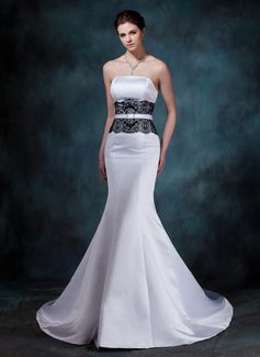 Mermaid Strapless Court Train Satin Wedding Dress With Lace Crystal Brooch (002001154)