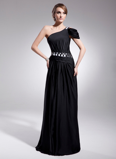 A-Line/Princess One-Shoulder Sweep Train Charmeuse Evening Dress With Ruffle Beading Sequins (017014556)