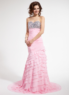 Mermaid Sweetheart Sweep Train Chiffon Prom Dress With Ruffle Beading (018018824)