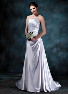 Sheath/Column Strapless Court Train Charmeuse Wedding Dress With Ruffle (002012060)