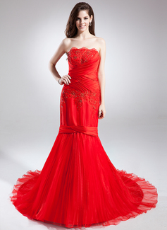 Meerjungfrau-Linie Trägerlos Hof-Schleppe Organza Satin Ballkleid mit Rüschen Spitze Perlen verziert Blumen (018015900)