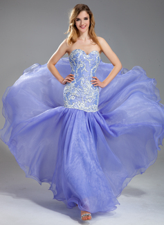 Corte sirena Escote corazón Hasta el suelo Organza Charmeuse Vestidos de baile de promoción con Encaje Bordoneado (018019004)