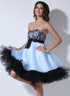 Empire Sweetheart Knee-Length Satin Tulle Homecoming Dress With Lace Sash (022020878)